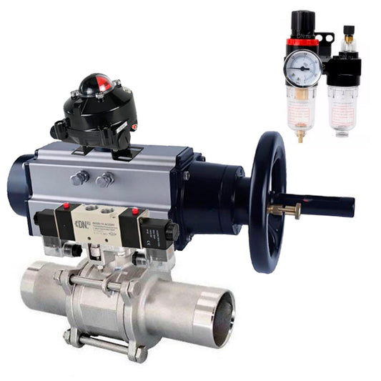 Ball valves DNOVA BV3232P(3pc)-FP-W-ISO-H LONG,  body material - Stainless steel AISI 316, seal - PTFE / PTFE / Teflon, with pneumatic actuator double action PA-DA-105-1, 4V320-10 220V, LSU APL-210N, ATU AFC2000