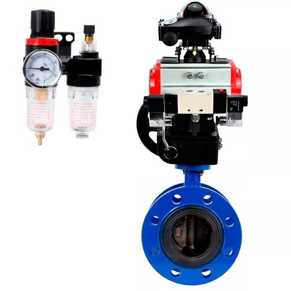 Water Butterfly Valve DNOVA WBV1331E-2W-F-H, body material - Cast iron GGG40/EN-GJS-400-15, disk material - Stainless steel AISI 304, seal - EPDM, pneumatic actuator PA-DA double action, 4V320-10 220V, LSU APL-210N, handwheel MON, ATU AFC2000