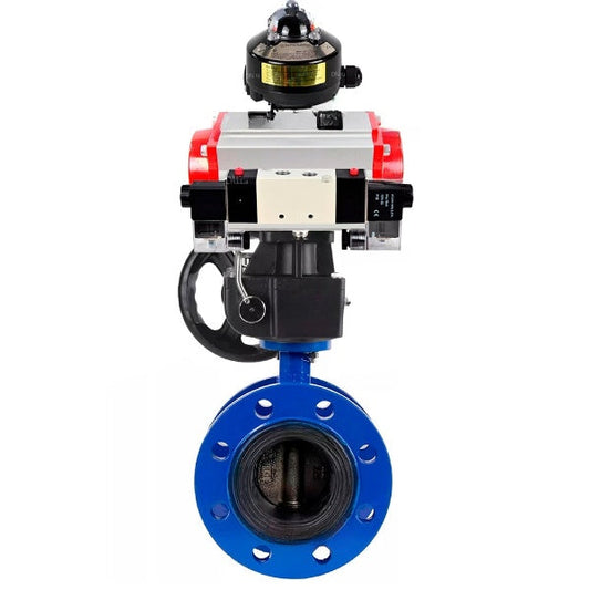 Válvula de mariposa de agua DNOVA WBV1331E-2W-FH, material del cuerpo - Hierro fundido GGG40/EN-GJS-400-15, material del disco - Acero inoxidable AISI 304, junta - EPDM, actuador neumático PA-DA doble acción, 4V320-10 220V, LSU APL-510N EX, volante MON