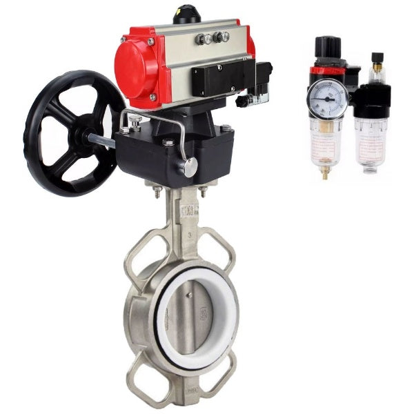 Butterfly valve DNOVA WBV3232P-2W-Fb-H, body material - stainless steel AISI 316L, disk material - stainless steel AISI 316L, seal - PTFE, with pneumatic actuator double action PA-DA, 4V320-10 220V, , handwheel MON, ATU AFC2000