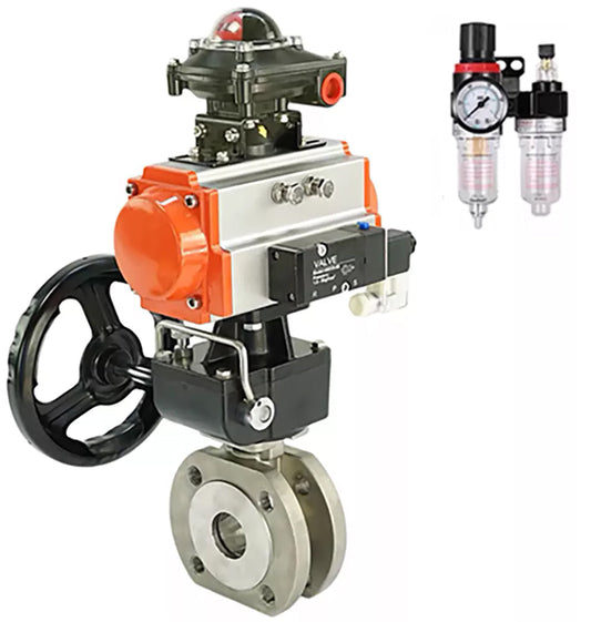 Ball valves DNOVA BV3232P-FP-Fb-ISO-H,  body material - Stainless steel AISI 316, seal - PTFE / PTFE / Teflon, with pneumatic actuator double action PA-DA, 4V320-10 220V, LSU APL-410N Ex, handwheel MON, ATU AFC2000