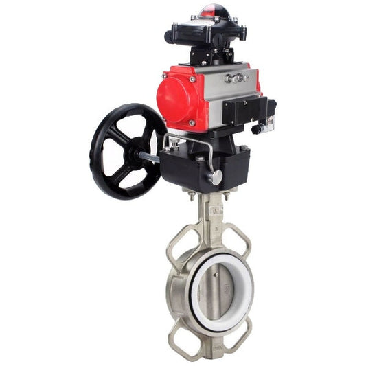 صمام فراشة DNOVA WBV3232P-2W-Fb-H، مادة الهيكل - الفولاذ المقاوم للصدأ AISI 316L، مادة القرص - الفولاذ المقاوم للصدأ AISI 316L، الختم - PTFE، مع مشغل هوائي مزدوج الحركة PA-DA، 4V320-10 220V، LSU APL-410N Ex، عجلة يدوية MON