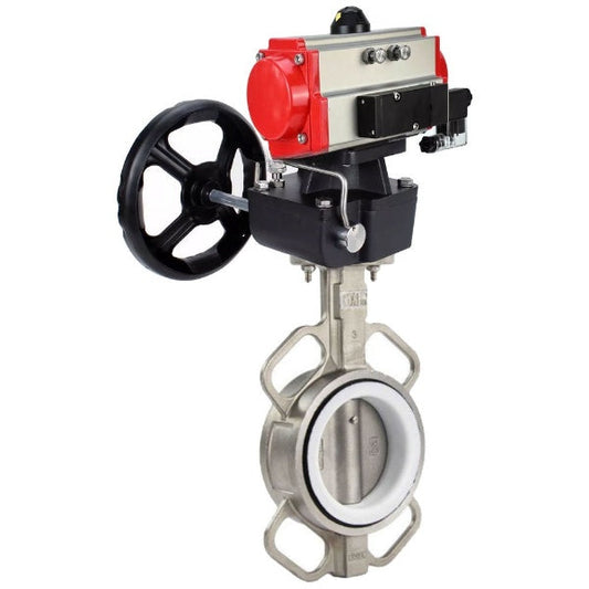 صمام الفراشة DNOVA WBV3232P-2W-Fb-H، مادة الجسم - الفولاذ المقاوم للصدأ AISI 316L، مادة القرص - الفولاذ المقاوم للصدأ AISI 316L، الختم - PTFE، مع مشغل هوائي مزدوج الحركة PA-DA، 4V320-10 220 فولت، عجلة يدوية MON