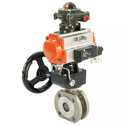Ball valves DNOVA BV3232P-FP-Fb-ISO-H,  body material - Stainless steel AISI 316, seal - PTFE / PTFE / Teflon, with pneumatic actuator double action PA-DA, 4V320-10 220V, LSU APL-410N Ex, handwheel MON