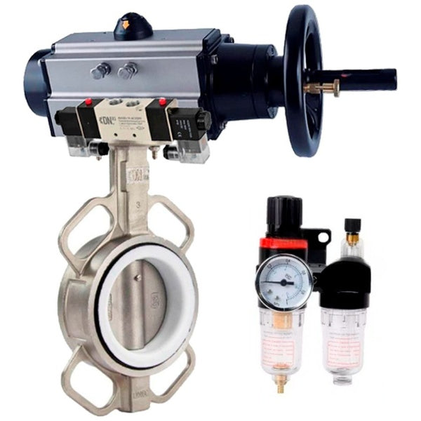 Butterfly valve DNOVA WBV3232P-2W-Fb-H, body material - stainless steel AISI 316L, disk material - stainless steel AISI 316L, seal - PTFE, with pneumatic actuator double action PA-DA-105-1, 4V320-08 220V, ATU AFC2000