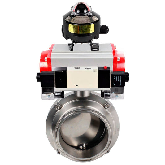 صمامات فراشة المياه DNOVA WBV3131S-2W-CH، مادة الهيكل - الفولاذ المقاوم للصدأ AISI 304، الختم - السيليكون، مع مشغل هوائي PA-DA-052 مزدوج الفعل، 4V320-10 220 فولت، LSU APL-510N EX