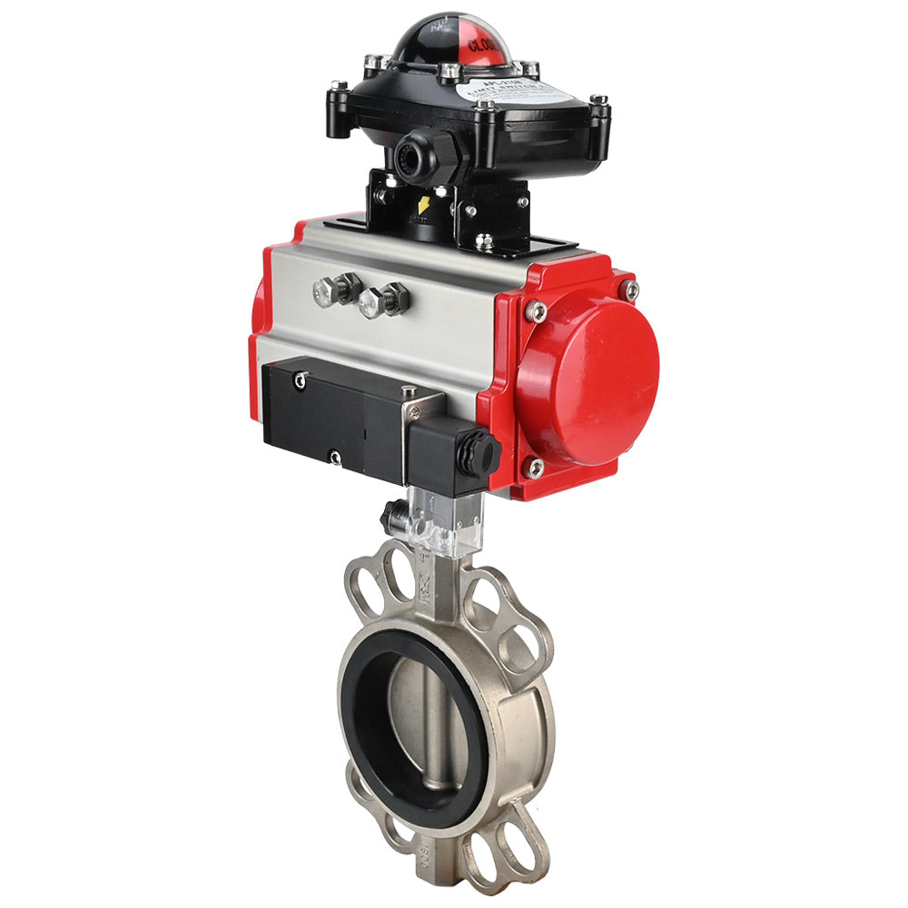 Water Butterfly Valve DNOVA WBV3131N-2W-Fb-H, body material - Stainless steel AISI 304, disk material - Stainless steel AISI 304, seal - NBR, pneumatic actuator PA-SA with return springs, 4V320-08 220V, LSU APL-210N
