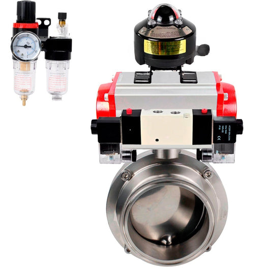 Válvulas de mariposa de agua DNOVA WBV3131E-2W-CH, material del cuerpo - acero inoxidable AISI 304, sello - EPDM, con actuador neumático PA-DA-052 doble acción, 4V320-08 220V, LSU APL-510N EX, ATU AFC2000