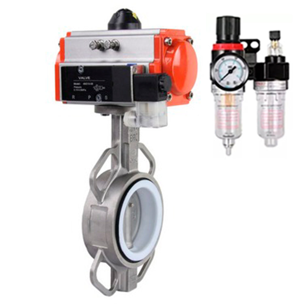 Water Butterfly Valve DNOVA WBV3131P-2W-Fb-H, body material - Stainless steel AISI 304, disk material - Stainless steel AISI 304, seal - PTFE, pneumatic actuator PA-DA double action, 4V320-10 220V ATU AFC2000