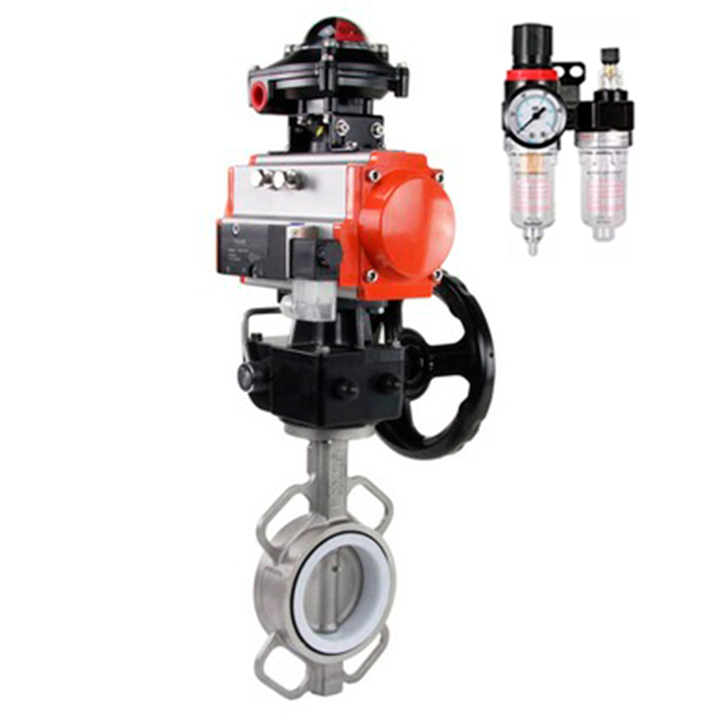 Water Butterfly Valve DNOVA WBV3131P-2W-Fb-H, body material - Stainless steel AISI 304, disk material - Stainless steel AISI 304, seal - PTFE, pneumatic actuator PA-DA double action, 4V320-08 220V, LSU APL-410N EX, handwheel MON, ATU AFC2000