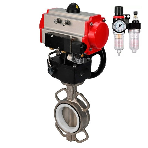 Water Butterfly Valve DNOVA WBV3131P-2W-Fb-H, body material - Stainless steel AISI 304, disk material - Stainless steel AISI 304, seal - PTFE, pneumatic actuator PA-DA double action, 4V320-10 220V handwheel MON, ATU AFC2000