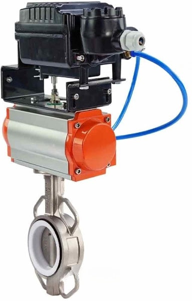 صمام فراشة الماء DNOVA WBV3131P-2W-Fb-H، مادة الهيكل - الفولاذ المقاوم للصدأ AISI 304، مادة القرص - الفولاذ المقاوم للصدأ AISI 304، الختم - PTFE، مشغل هوائي PA-SA مع نوابض رجوع، موضع YT-1000RSN مع تغذية راجعة