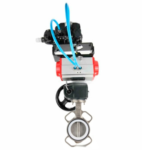 Water Butterfly Valve DNOVA WBV3131P-2W-Fb-H, body material - Stainless steel AISI 304, disk material - Stainless steel AISI 304, seal - PTFE, pneumatic actuator PA-DA double action, positioner YT-1000RSN without feedback, handwheel MON
