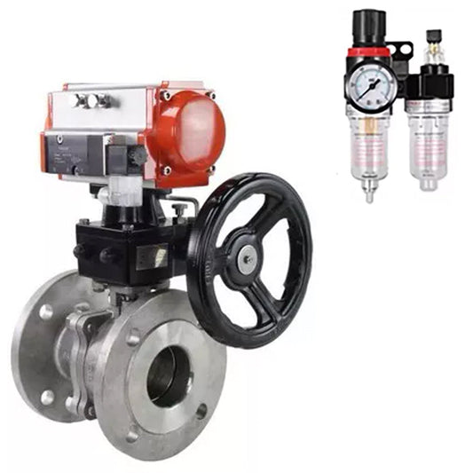 Ball valves DNOVA BV3232P(2pc)-FP-F-ISO-H,  body material - Stainless steel AISI 316, seal - PTFE / PTFE / Teflon, with pneumatic actuator double action PA-DA, 4V320-10 220V, handwheel MON, ATU AFC2000