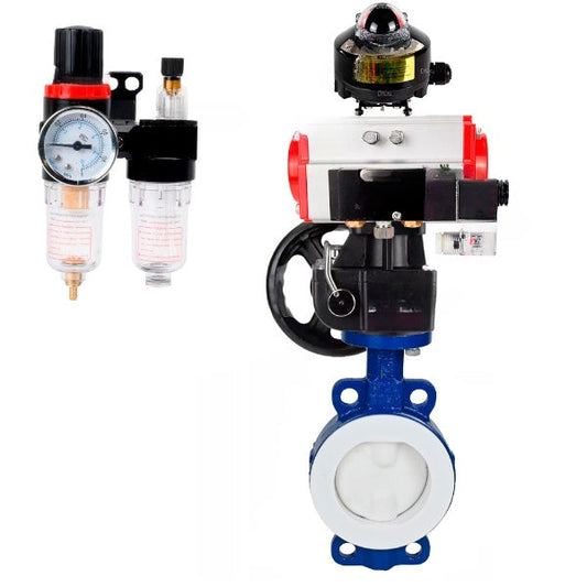 Water Butterfly Valve DNOVA WBV3434Pf-2W-Fb-H, body material - Carbon steel, disk material - Carbon steel, seal - PTFE, pneumatic actuator PA-DA double action, 4M310-08 NAMUR 24V, LSU APL-510N EX, handwheel MON, ATU AFC2000