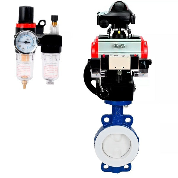 Water Butterfly Valve DNOVA WBV3434Pf-2W-Fb-H, body material - Carbon steel, disk material - Carbon steel, seal - PTFE, pneumatic actuator PA-DA double action, 4V320-10 220V, LSU APL-210N, handwheel MON, ATU AFC2000