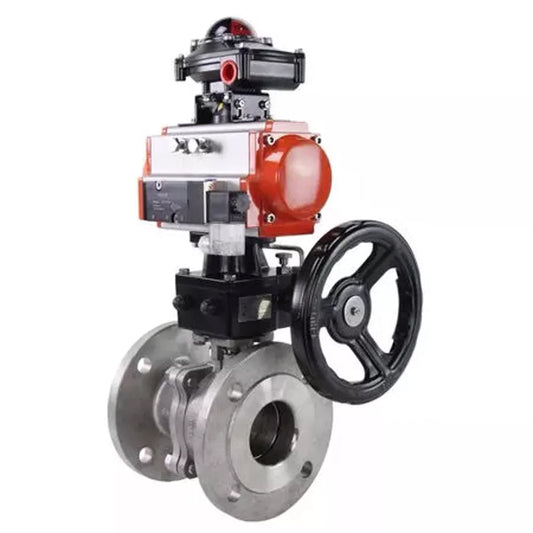 Ball valves DNOVA BV3232P(2pc)-FP-F-ISO-H,  body material - Stainless steel AISI 316, seal - PTFE / PTFE / Teflon, with pneumatic actuator double action PA-DA, 4V320-10 220V, LSU APL-210N, handwheel MON