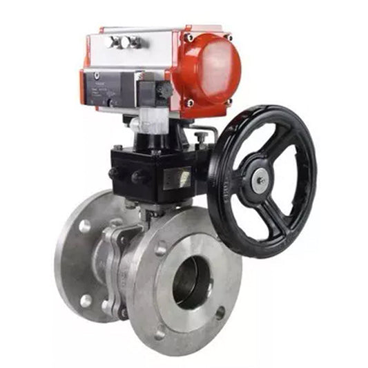 Ball valves DNOVA BV3232P(2pc)-FP-F-ISO-H,  body material - Stainless steel AISI 316, seal - PTFE / PTFE / Teflon, with pneumatic actuator double action PA-DA, 4V320-10 220V, handwheel MON
