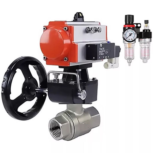 Ball valves DNOVA BV3232P(2pc)-FP-T-ISO-H,  body material - Stainless steel AISI 316, seal - PTFE / PTFE / Teflon, with pneumatic actuator double action PA-DA, 4V320-10 220V, handwheel MON, ATU AFC2000