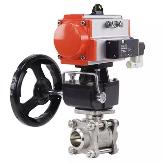 Ball valves DNOVA BV3232P(3pc)-FP-W-ISO-H,  body material - Stainless steel AISI 316, seal - PTFE / PTFE / Teflon, with pneumatic actuator double action PA-DA, 4V320-10 220V, handwheel MON