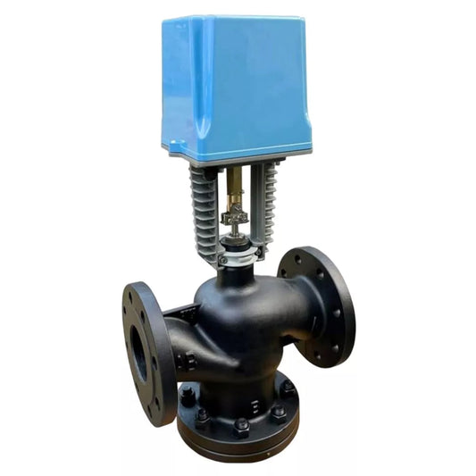 Three-way control valve DNOVA VRg3M/S-H-34M-PED-F, body material - carbon steel A216, locking body material - stainless steel AISI 304, seal - metal, with electric drive DAV 24V