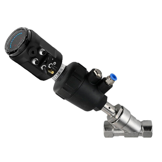 Pneumatic shut-off valves DNOVA VSP324PV-T-1PNC, body - stainless steel SS316, threaded, Y-shaped, with electropneumatic intelligent positioner EIP-1500 (stroke 5-25 mm)