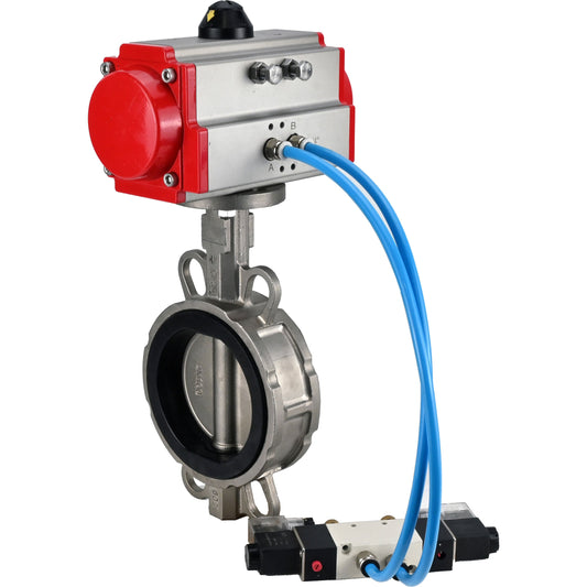 Válvula de mariposa de agua DNOVA WBV3232E-2W-Fb-H, material del cuerpo - acero inoxidable AISI 316L, material del disco - acero inoxidable AISI 316L, junta - EPDM, con actuador neumático de doble acción PA-DA, 4V320-08 220V
