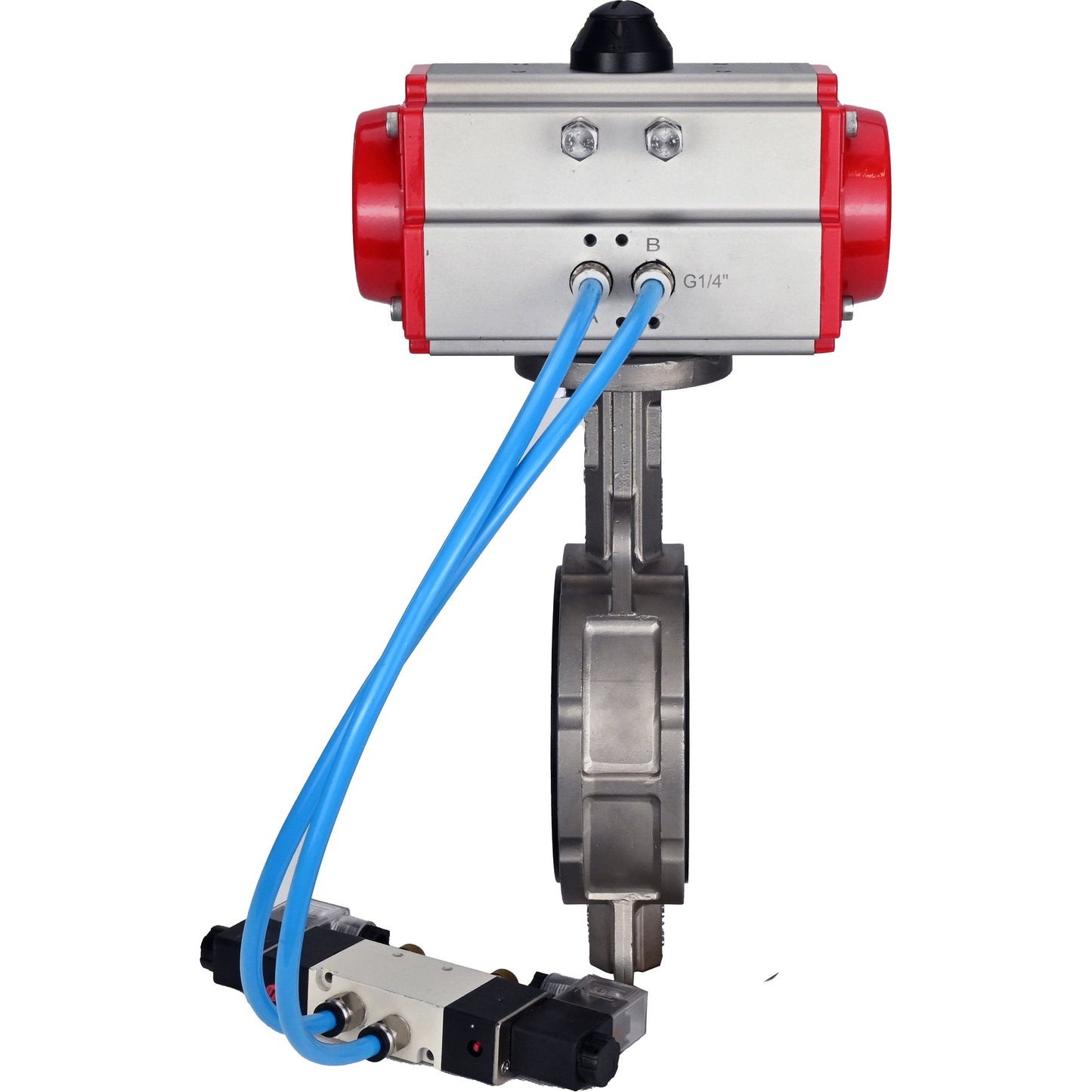 Válvula de mariposa de agua DNOVA WBV3232E-2W-Fb-H, material del cuerpo - acero inoxidable AISI 316L, material del disco - acero inoxidable AISI 316L, junta - EPDM, con actuador neumático de doble acción PA-DA, 4V320-08 220V