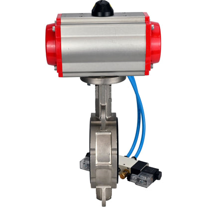 Válvula de mariposa de agua DNOVA WBV3232E-2W-Fb-H, material del cuerpo - acero inoxidable AISI 316L, material del disco - acero inoxidable AISI 316L, junta - EPDM, con actuador neumático de doble acción PA-DA, 4V320-08 220V