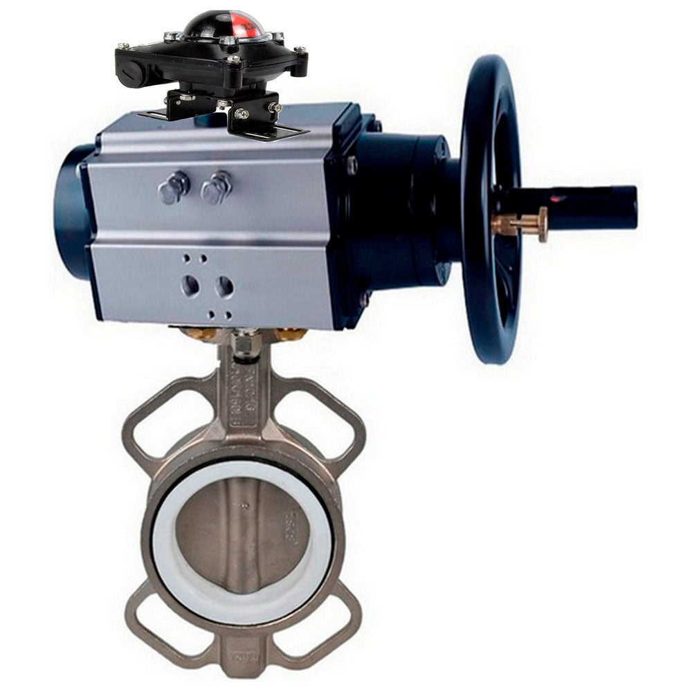 Water Butterfly Valve DNOVA WBV3432P-2W-Fb body material - Carbon steel, disk material - Stainless steel AISI 316L/1.4404, seal - PTFE with pneumatic actuator double acting PA-DA-105-1, limit switch APL-510N-EX