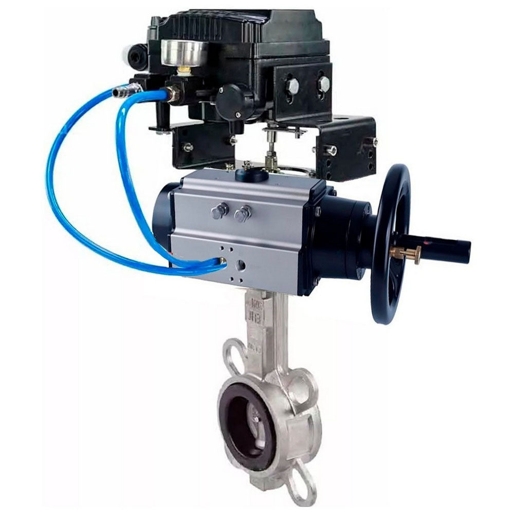 Water Butterfly Valve DNOVA WBV3432V-2W-Fb body material - Carbon steel, disk material - Stainless steel AISI 316L/1.4404, seal - Viton with pneumatic actuator double acting PA-DA-105-1 and electropneumatic rotary positioner YT-1000RSN without feedback