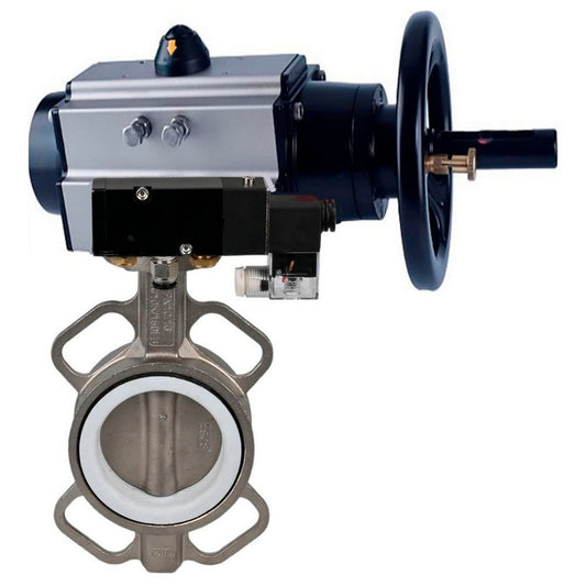 Válvula de mariposa de agua DNOVA WBV3232N-2W-Fb, material del cuerpo: acero inoxidable AISI 316L/1.4404, material del disco: acero inoxidable AISI 316L/1.4404, sello: NBR con actuador neumático de doble efecto PA-DA-105-1, distribuidor neumático 4M310-08