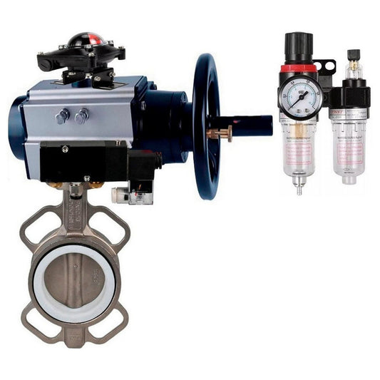 Water Butterfly Valve DNOVA WBV3232P-2W-Fb body material - Stainless steel AISI 316L/1.4404, disk material - Stainless steel AISI 316L/1.4404, seal - PTFE with pneumatic actuator double acting PA-DA-105-1, pneumatic distributor 4V320-10 220V, limit