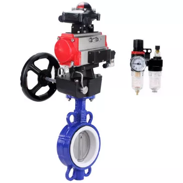 Water Butterfly Valve DNOVA WBV3432P-2W-Fb-H, body - carbon steel WCB, seal - PTFE, with pneumatic drive PA-DA, with pneumatic distributor 4V320-10 220V, BKV APL-410N Ex, manual override MON, BPV AFC2000