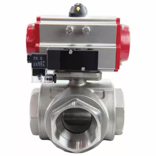 Ball valves DNOVA BV3232P(4pc)-SP-3WL-T-ISO-H,  body material - Stainless steel AISI 316, seal - PTFE / PTFE / Teflon, with pneumatic actuator with return springs PA-SA, 4V320-08 220V
