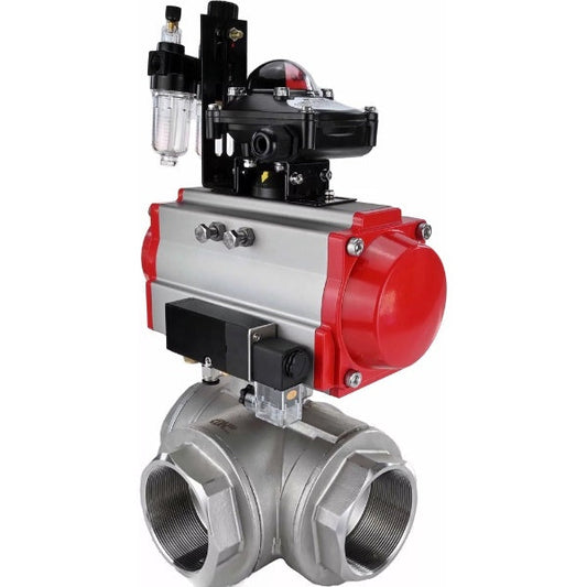 Ball valves DNOVA BV3232P(4pc)-SP-3WL-T-ISO-H,  body material - Stainless steel AISI 316, seal - PTFE / PTFE / Teflon, with pneumatic actuator double action PA-DA, 4V320-10 220V, LSU APL-210N, ATU AFC2000