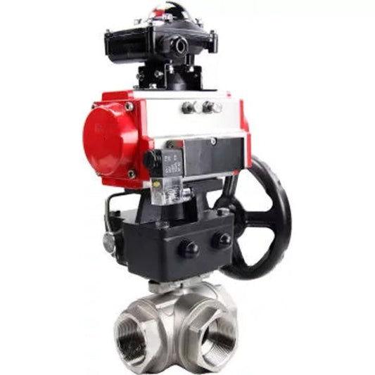 Ball valves DNOVA BV3232P(4pc)-SP-3WL-T-ISO-H,  body material - Stainless steel AISI 316, seal - PTFE / PTFE / Teflon, with pneumatic actuator double action PA-DA, 4V320-10 220V, LSU APL-210N, handwheel MON