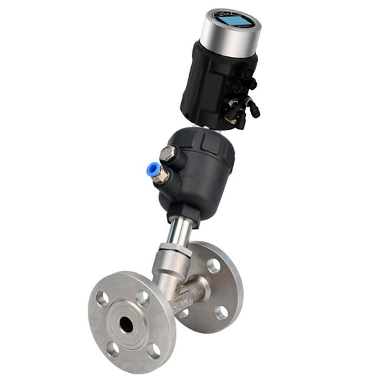 Pneumatic shut-off valves DNOVA VSP324PV-F-1PNC, body - stainless steel SS316, flanged, Y-shaped, with electropneumatic intelligent positioner EIP-1600 (stroke 5-25mm)