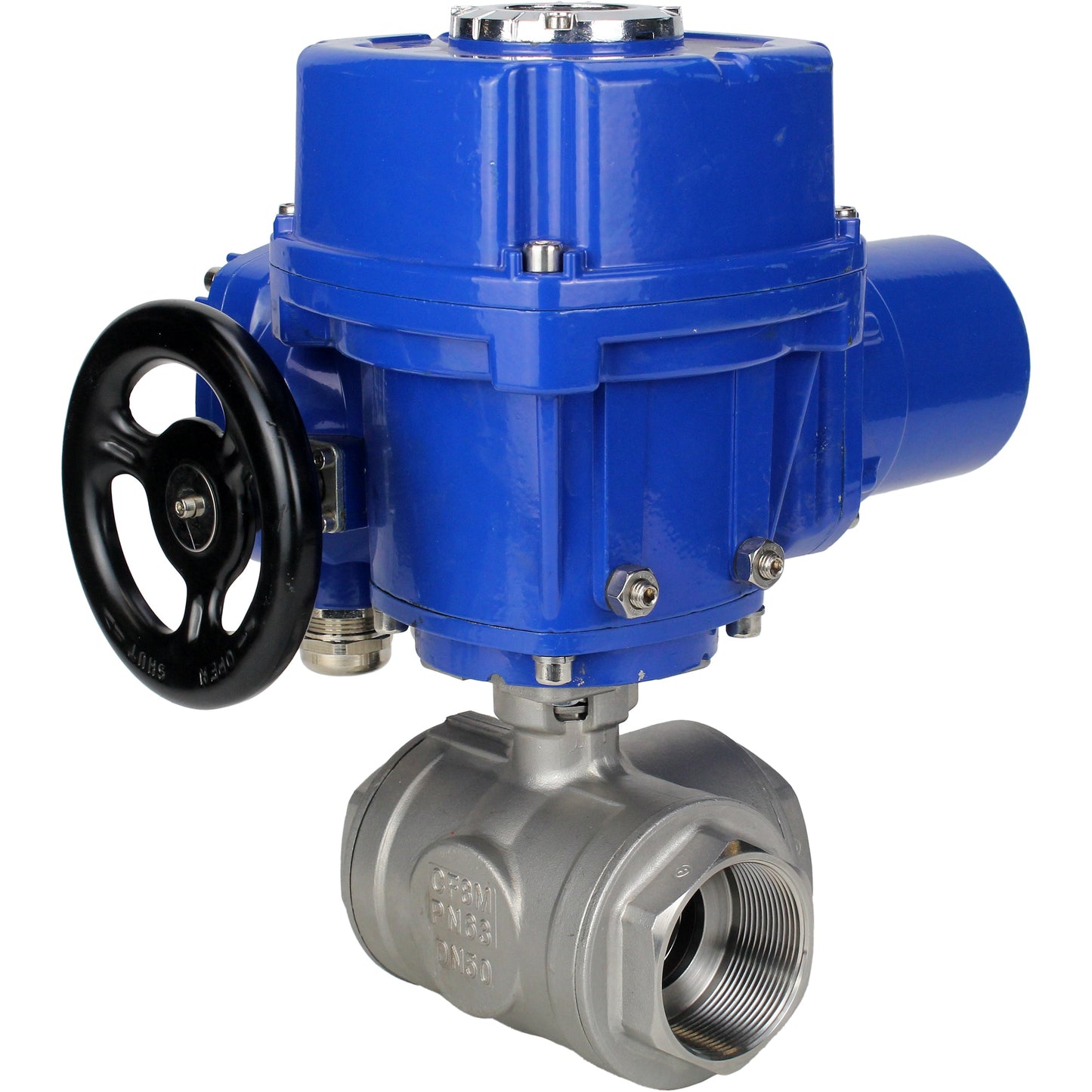 Stainless steel ball valve DNOVA RP.SS316.200.MM.ISO 914 PSI threaded, standard port, three way, L-type, body material - stainless steel AISI 316, with quater-turn electric actuator DNOVA QT-W (M) 380V