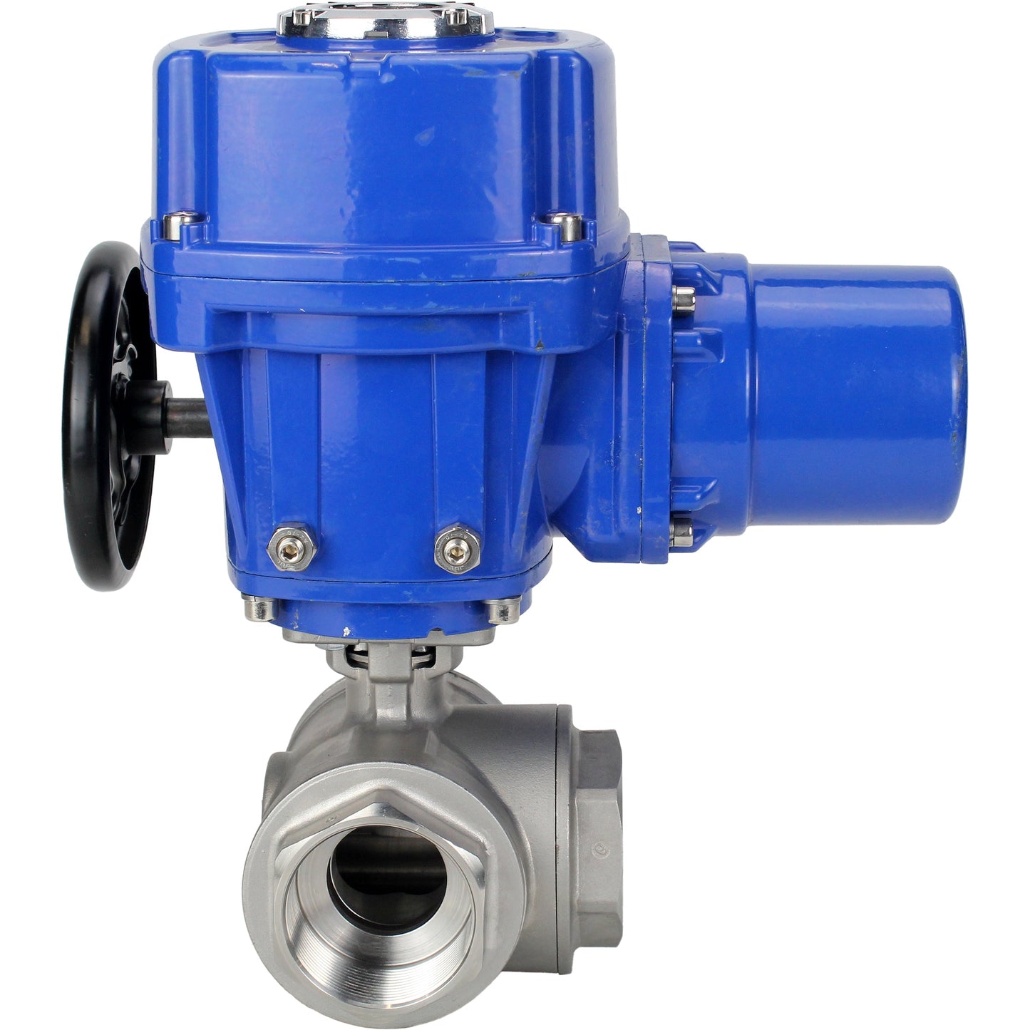 Stainless steel ball valve DNOVA RP.SS316.200.MM.ISO 914 PSI threaded, standard port, three way, L-type, body material - stainless steel AISI 316, with quater-turn electric actuator DNOVA QT-W (M) 380V
