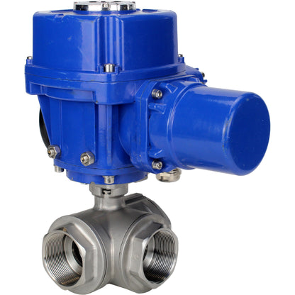 Stainless steel ball valve DNOVA RP.SS316.200.MM.ISO 914 PSI threaded, standard port, three way, L-type, body material - stainless steel AISI 316, with quater-turn electric actuator DNOVA QT-W (M) 380V