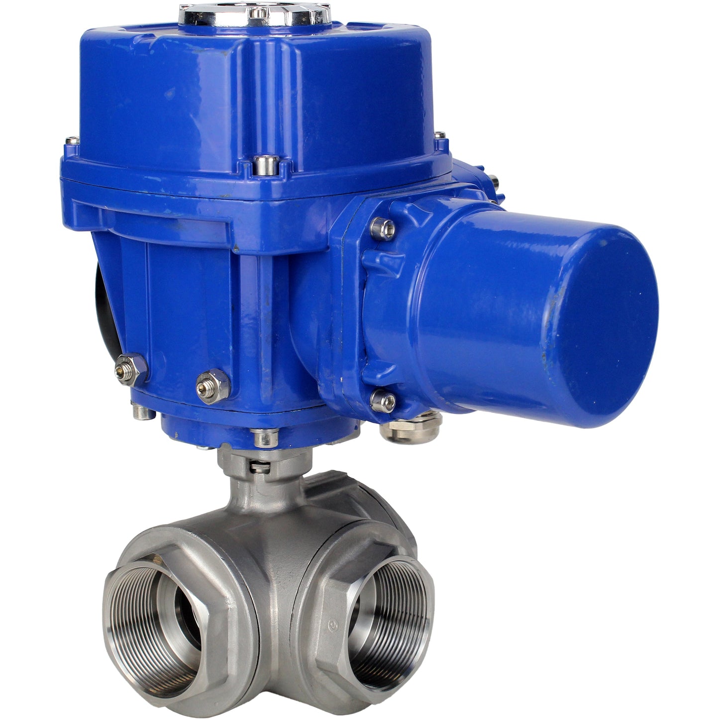 Stainless steel ball valve DNOVA RP.SS316.200.MM.ISO 914 PSI threaded, standard port, three way, L-type, body material - stainless steel AISI 316, with quater-turn electric actuator DNOVA QT-W (M) 220V