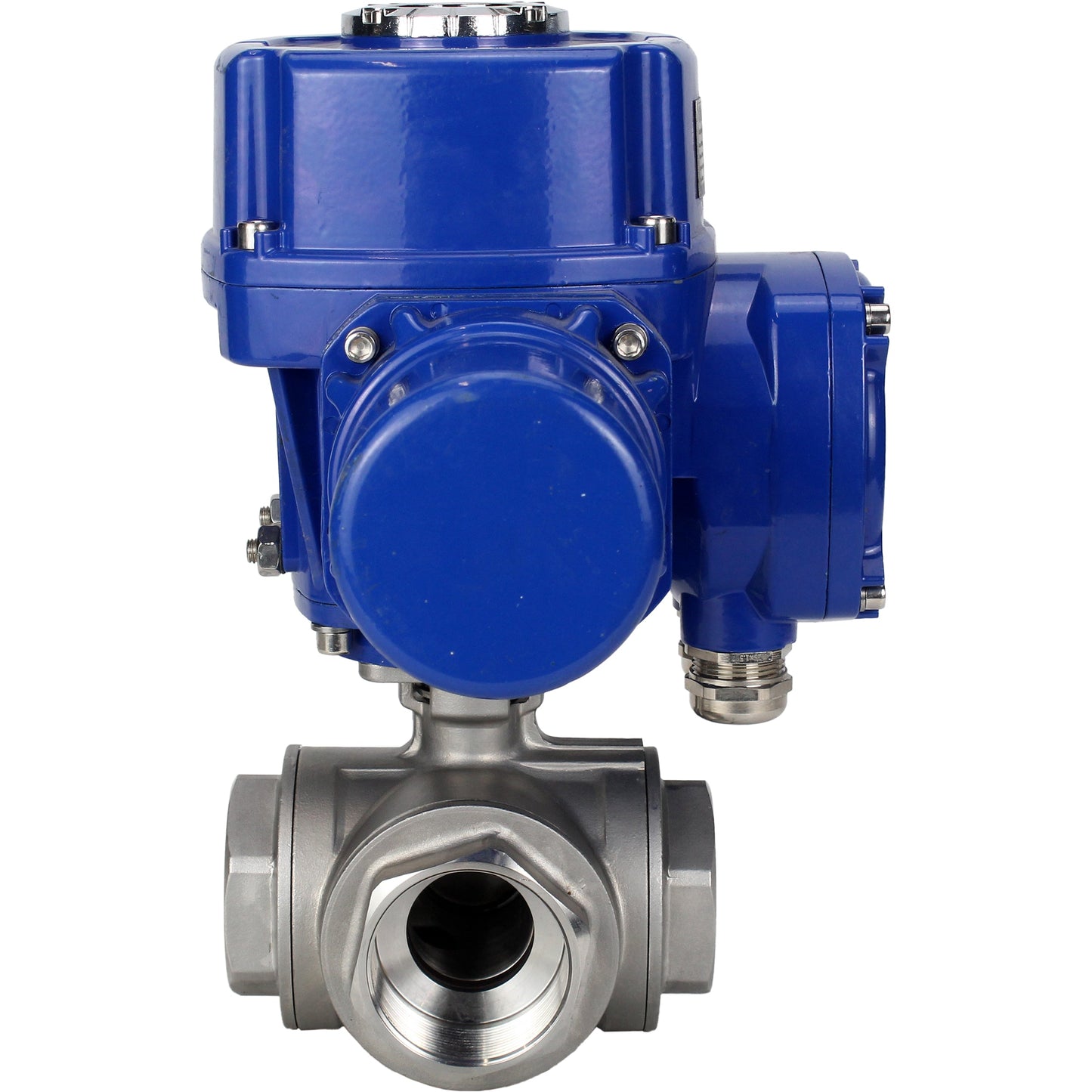 Stainless steel ball valve DNOVA RP.SS316.200.MM.ISO 914 PSI threaded, standard port, three way, L-type, body material - stainless steel AISI 316, with quater-turn electric actuator DNOVA QT-W (M) 220V
