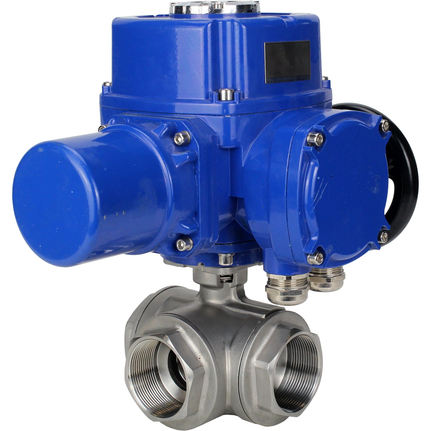 Stainless steel ball valve DNOVA RP.SS316.200.MM.ISO 914 PSI threaded, standard port, three way, L-type, body material - stainless steel AISI 316, with quater-turn electric actuator DNOVA QT-W (M) 220V