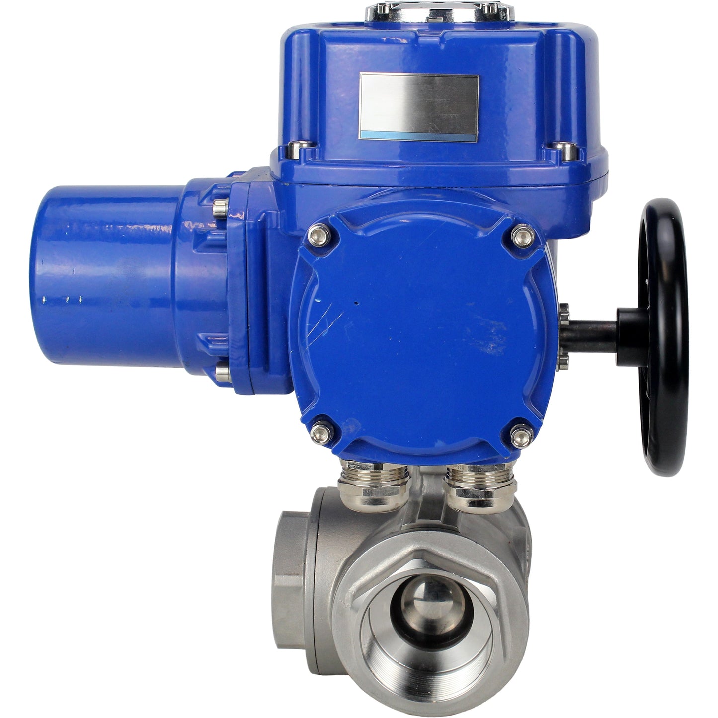 Stainless steel ball valve DNOVA RP.SS316.200.MM.ISO 914 PSI threaded, standard port, three way, L-type, body material - stainless steel AISI 316, with quater-turn electric actuator DNOVA QT-W (M) 380V