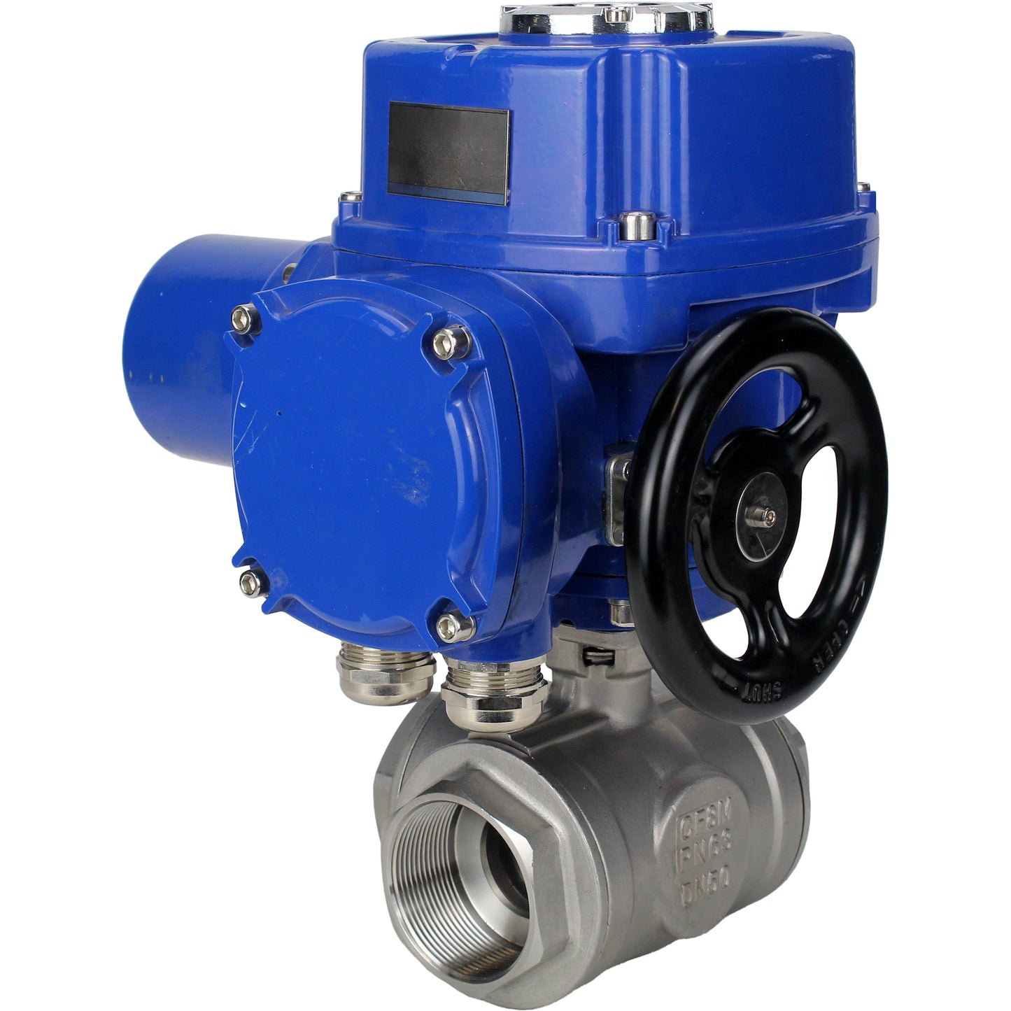 Stainless steel ball valve DNOVA RP.SS316.200.MM.ISO 914 PSI threaded, standard port, three way, L-type, body material - stainless steel AISI 316, with quater-turn electric actuator DNOVA QT-W (M) 380V