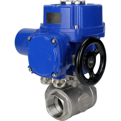 Stainless steel ball valve DNOVA RP.SS316.200.MM.ISO 914 PSI threaded, standard port, three way, L-type, body material - stainless steel AISI 316, with quater-turn electric actuator DNOVA QT-W (M) 380V