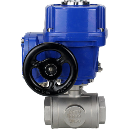Stainless steel ball valve DNOVA RP.SS316.200.MM.ISO 914 PSI threaded, standard port, three way, L-type, body material - stainless steel AISI 316, with quater-turn electric actuator DNOVA QT-W (M) 380V