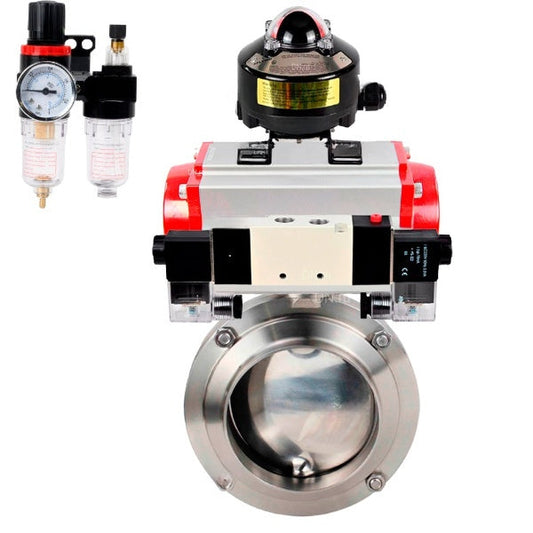 Válvulas de mariposa de agua DNOVA WBV3131S-2W-WH, material del cuerpo - acero inoxidable AISI 304, sello - Silicona, con actuador neumático PA-SA, distribuidor neumático 4V320-08 220V, LSU APL-510N EX, ATU AFC2000