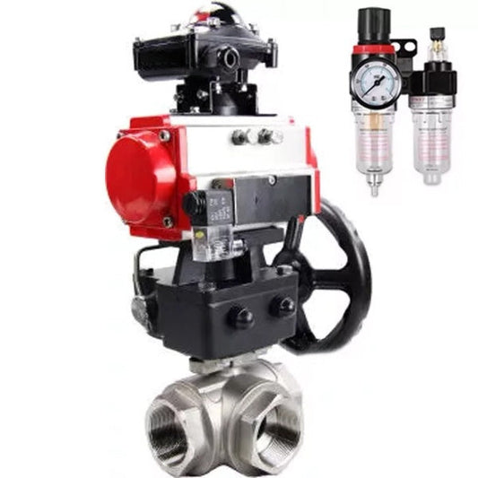 Ball valves DNOVA BV3232P(4pc)-SP-3WL-T-ISO-H,  body material - Stainless steel AISI 316, seal - PTFE / PTFE / Teflon, with pneumatic actuator double action PA-DA, 4V320-10 220V, LSU APL-210N, handwheel MON, ATU AFC2000